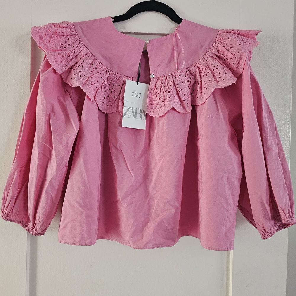 Zara Pink Eyelet Ruffle Cotton Blouse - Women - Picture 2 of 3